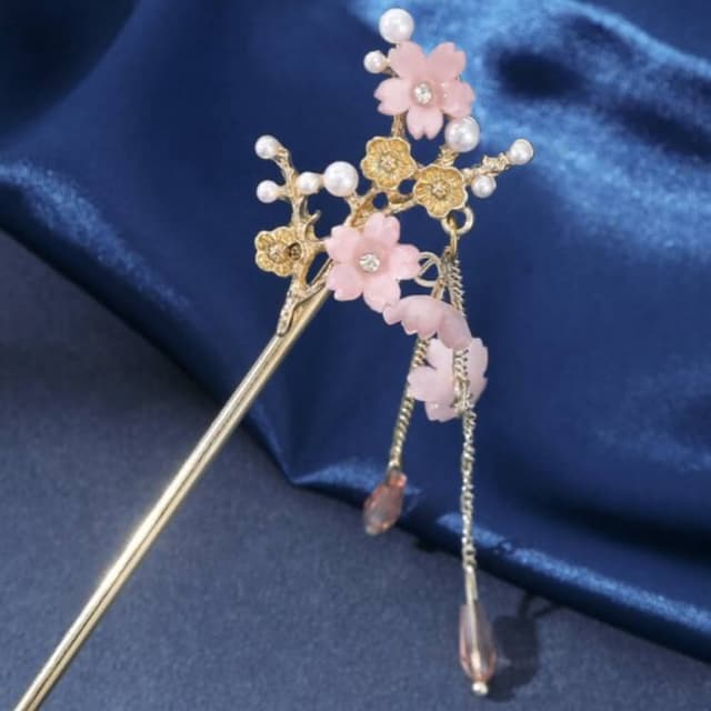 【WOONUE】高品質皇家奢華粉嫩珍珠櫻花金簪髮飾夾(兒童新娘髮妝老婆女友情人節婚禮小物表演演員母親節生日禮物)