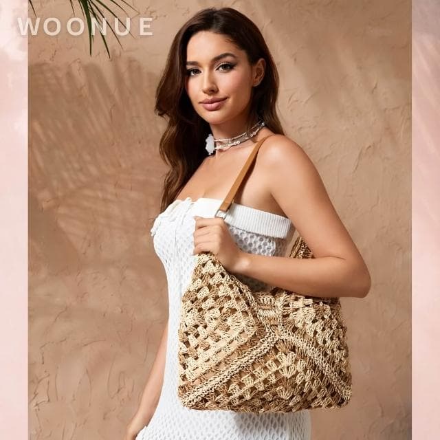【WOONUE】專櫃春夏歐美時尚高質感大地色編織包手提包側背包(閨蜜女友老婆生日情人節禮物)