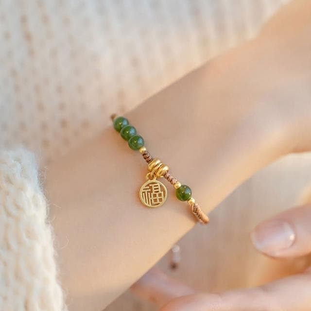 【LEEHER】手鍊/手串/編織手鍊/兒童手鍊/編織手環/和田玉手鏈/福字吊墜/平安手鍊/綠色手鍊/伸縮手鍊