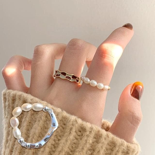 【LEEHER】珍珠戒指/不規則戒指/可調式戒指/925純銀戒指/戒指/小禮物/情人節禮物/情侶禮物/戒指女生