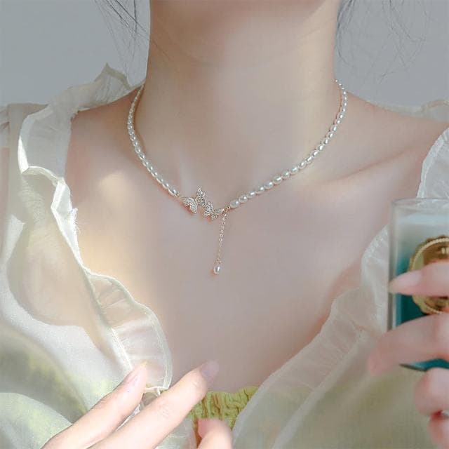 【LEEHER】女生/項鍊/珍珠項鍊/純銀項鍊/蝴蝶項鍊/流蘇/生日禮物/ins項鍊/巴洛克珍珠項鍊/鎖骨鏈/女生禮物