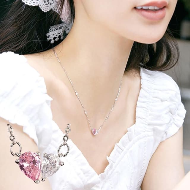【LEEHER】女生項鍊/銀飾/鋯石項鍊/純銀項鍊/生日禮物/拼接項鍊/愛心項鍊/粉色項鍊/鎖骨鍊/高級感/甜美項鍊