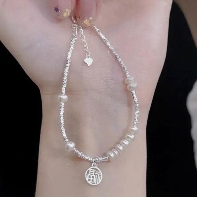 【LEEHER】925純銀/韓國飾品/手鍊/手鍊女/通體純銀/飾品/碎銀子/珍珠手鍊/招財納福/簡約/女生手鍊/高級感/生日禮物