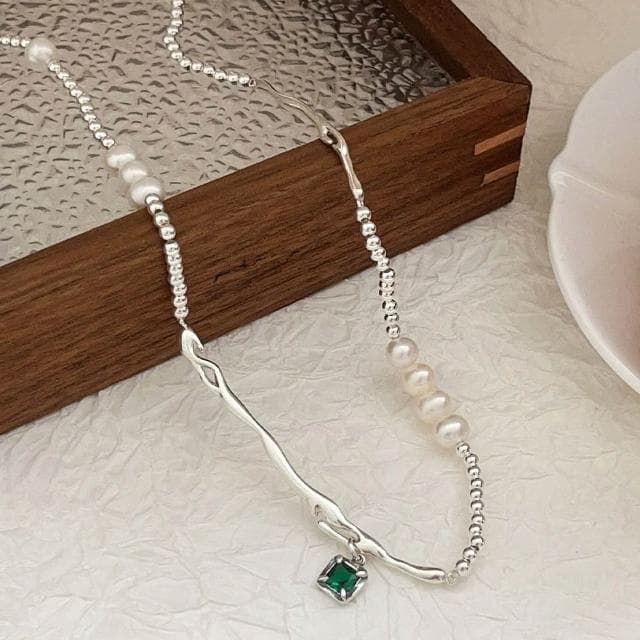 【LEEHER】天然珍珠/項鍊/圓珠項鍊/s925純銀/銀飾/飾品/女生項鍊/鎖骨鏈/珍珠項鍊/綠鋯石吊墜/珍珠搭彎管/純銀項鍊