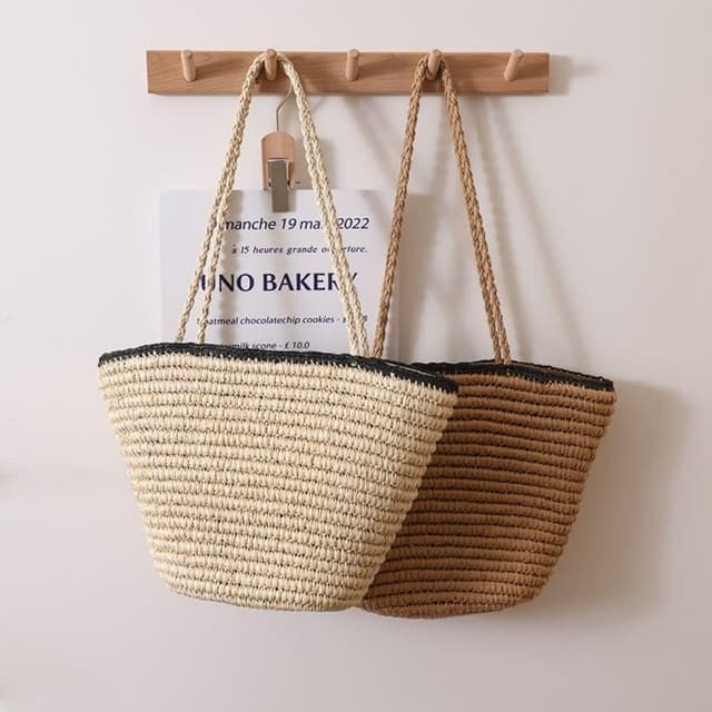 【巴黎精品】情人節禮物 現貨+預購 草編包手提包渡假風單肩側背包大容量流蘇編織包-簡約黑邊復古水桶包女包包2色a1hb63