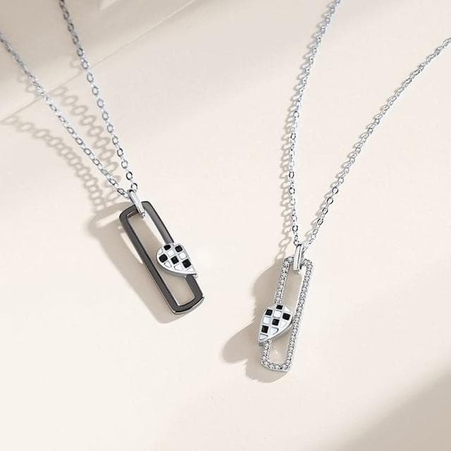 【米蘭精品】現貨+預購 925純銀項鍊情侶對鍊心動相吸黑白格愛心生日聖誕節交換禮物74cj63