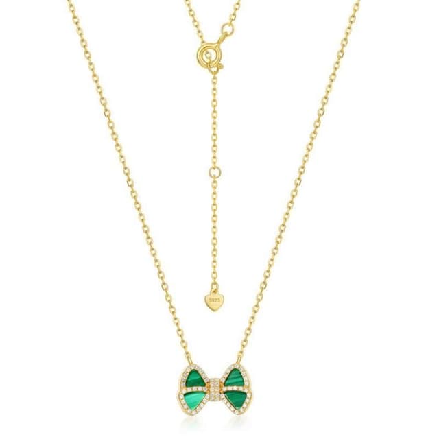 【米蘭精品】情人節禮物 現貨+預購 孔雀石項鍊925純銀吊墜金鏈精緻蝴蝶結孔雀石女飾品聖誕節交換禮物74gf5