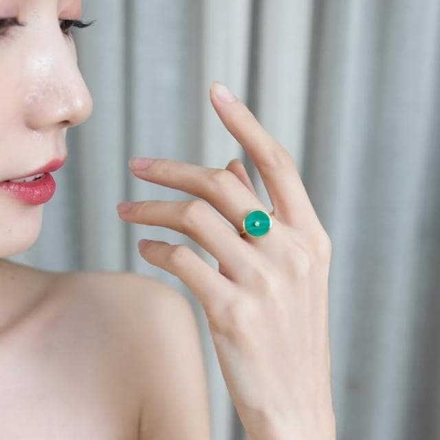 【米蘭精品】情人節禮物 現貨+預購 孔雀石戒指925純銀指環金色甜甜圈簡約孔雀石女飾品聖誕節交換禮物74gf30