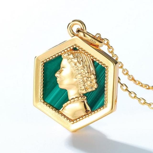 【米蘭精品】現貨+預購 孔雀石項鍊925純銀吊墜金色古典女王頭孔雀石女飾品聖誕節交換禮物74gf38