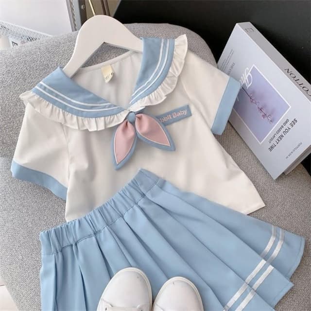 綺羅 兒童洋裝✨女童水手服百褶裙 幼兒百褶裙童裝 夏季兒童學院風裙子 JK制服 中大童韓版兩件套褲裙 表演服連衣裙