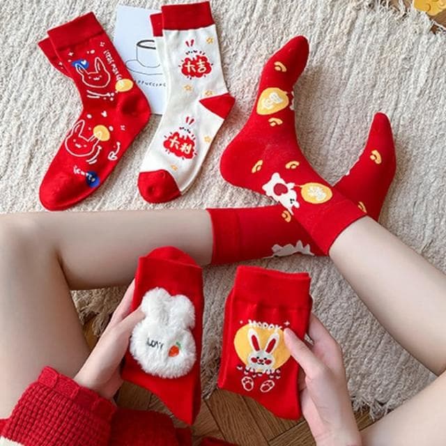 新年禮盒 過年襪子 紅色襪子 新年襪 兔子襪子 新年禮物 交換禮物 中筒襪  GO18