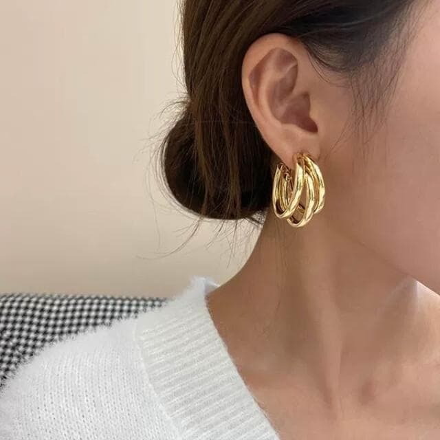 《杜達女孩》歐美大膽三圈幾何線條耳環 三環管圈圈耳針 圓圈耳環 C型耳環 多層次耳環 半圓耳環 圓型耳環 耳釘耳環 飾品
