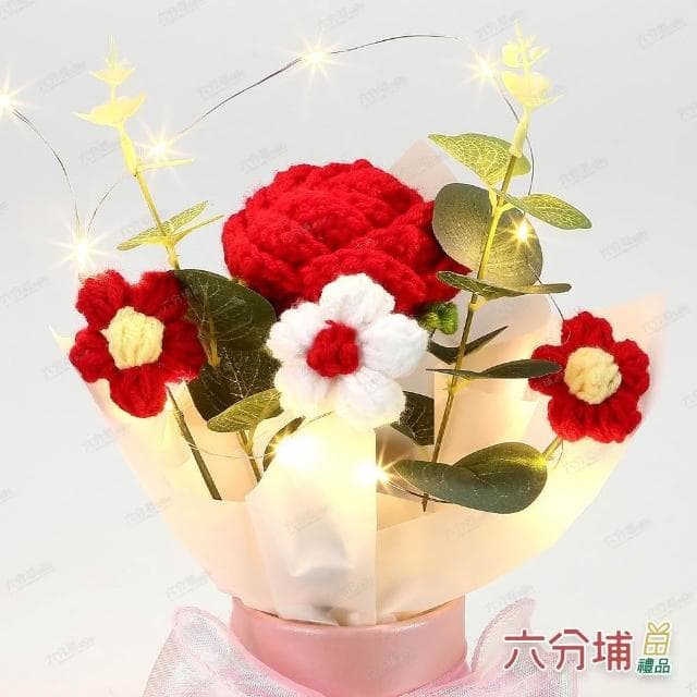 【六分埔禮品】織心玫瑰LED編織小花綠葉花盆-多色任選(擺飾母親節情人節畢業禮物編織針織玫瑰花束)