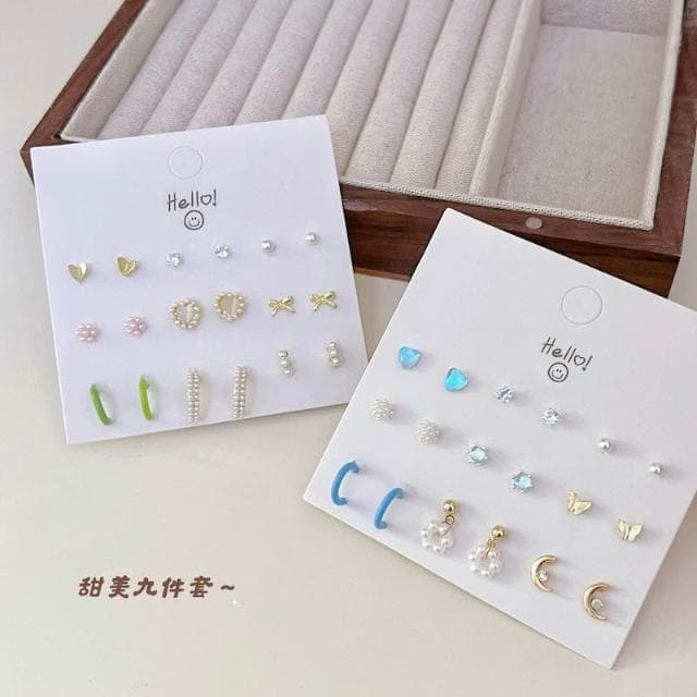 Miss Si 現貨速發 珍珠愛心清新套裝9對 歐美日韓甜美少女時尚氣質耳釘組合套裝 珍珠愛心c型耳飾