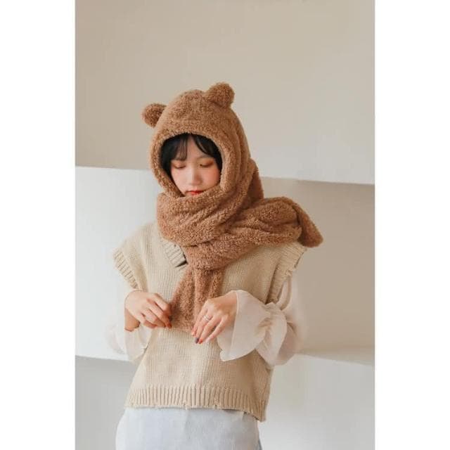 【JDUDS】小熊帽子圍巾 連帽小熊圍巾可愛百搭毛絨圍巾 加厚絨毛圍巾 秋冬保暖圍巾圍脖 泰迪熊純色圍巾 熊寶寶圍巾