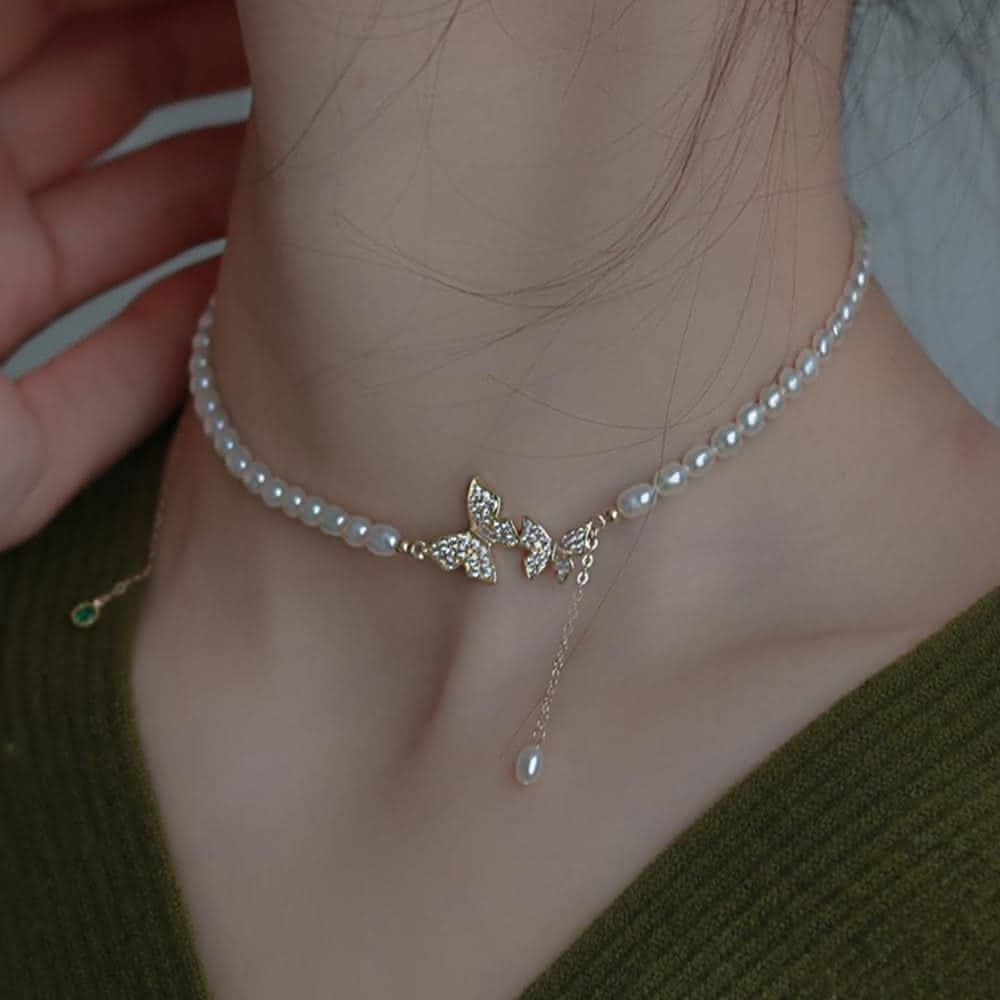 【Paiya 派亞】淡水珍珠項鍊女蝴蝶吊墜輕奢美國14K包金choker頸鏈鎖骨交換禮物/過年送禮