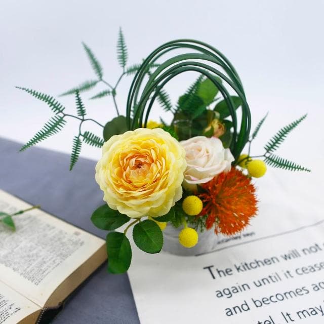 【HUGO DECO 榆果傢飾】黃茶花芒萁香氛花藝(擬真花/永不凋零/禮物/佈置/端午節/送禮/送花)