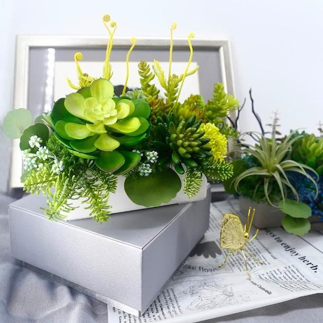 【HUGO DECO 榆果傢飾】寶石蓮多肉組合長盆植栽(擬真植物/人造盆栽/綠化/佈置/禮物)