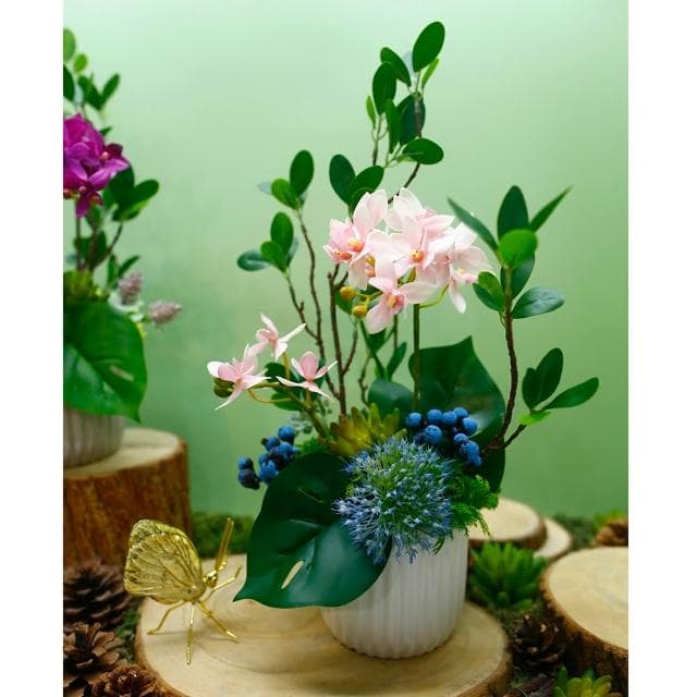 【HUGO DECO 榆果傢飾】雅緻粉蝴蝶蘭榕枝香氛花禮(擬真植物/人造盆栽/綠化/佈置/禮物)