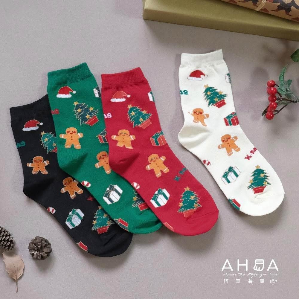 【AHUA 阿華有事嗎】AHUA阿華有事嗎 滿版微金蔥薑餅人與聖誕樹禮物中筒襪 K2247 正韓襪子 百搭純棉襪 韓妞必備 少女襪 聖誕襪