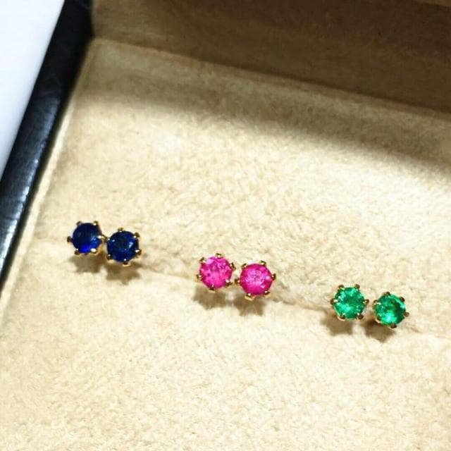 【WhiteKuo】WhiteKuo18K藍寶石紅寶石祖母綠六爪耳釘耳針耳環