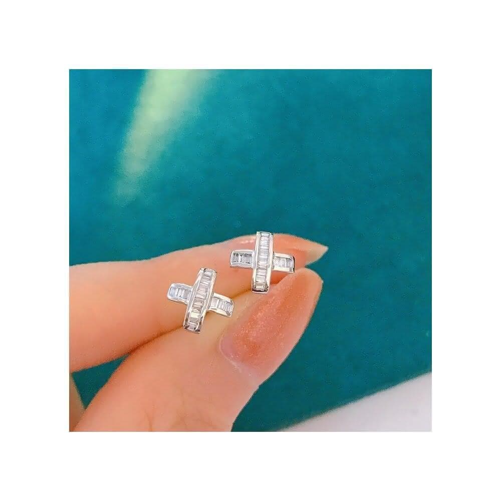【WhiteKuo】WhiteKuo18k白金天然鑽石交叉耳釘耳針耳環