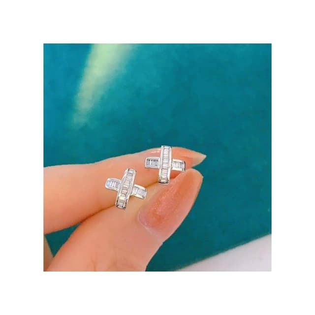【WhiteKuo】WhiteKuo18k白金天然鑽石交叉耳釘耳針耳環