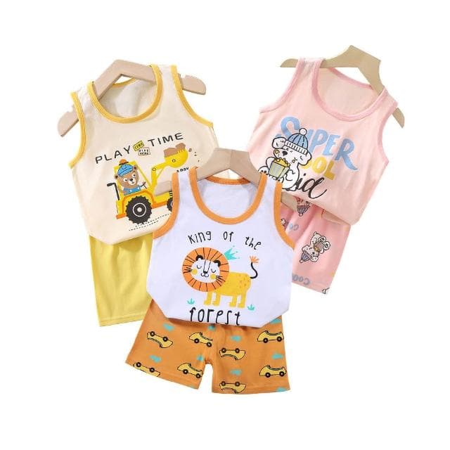 【JoyBaby】無袖上衣+短褲童裝組 印花塗鴉背心 透氣上衣 寶寶開檔褲 短褲 薄款純棉T恤