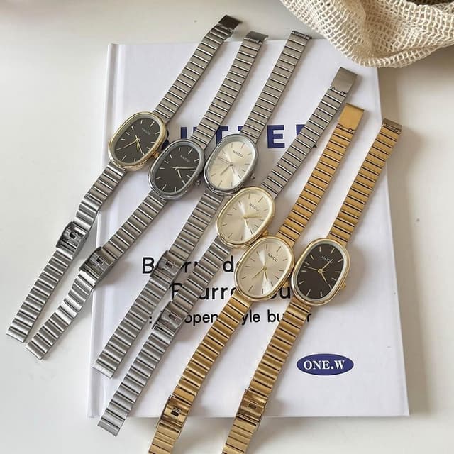 【KEDDY】石英手錶-指針式-手錶-復古手錶-橢圓形手錶-女生手錶-個性錶盤-金色手錶-鋼帶手錶-學生手錶-高級感-韓版手錶