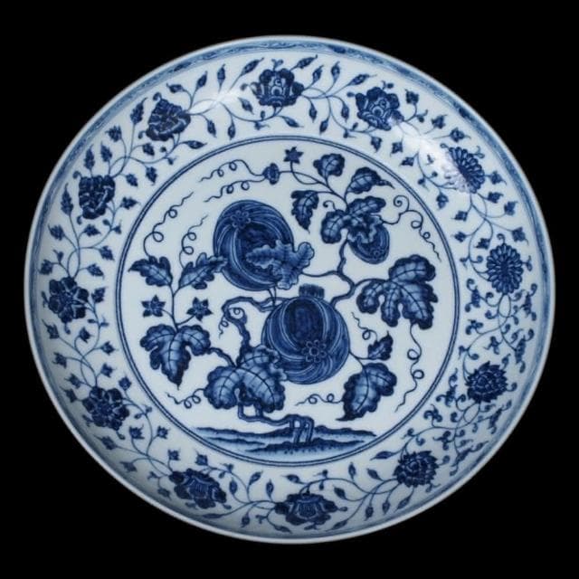 《博古珍藏》明 青花纏枝瓜果紋盤 早期收藏 老件瓷器 博物館級文物 附錦盒