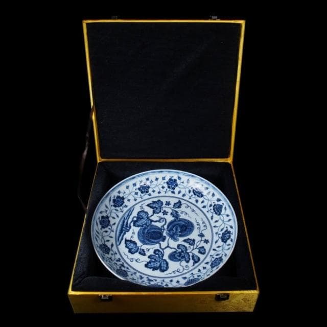 《博古珍藏》明 青花纏枝瓜果紋盤 早期收藏 老件瓷器 博物館級文物 附錦盒