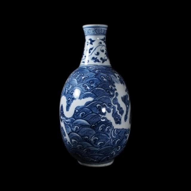 《博古珍藏》明永樂 青花海水白龍紋扁瓶 早期收藏 老件文物 花瓶瓷器 博物館級 附錦盒