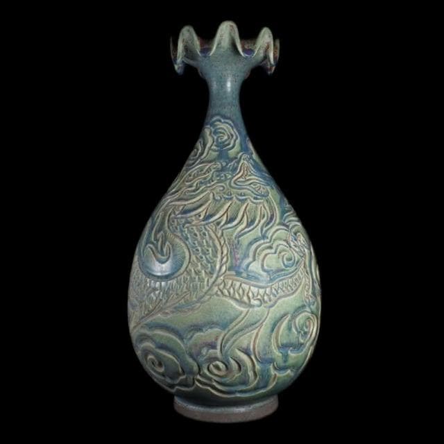 《博古珍藏》宋 鈞窯天藍釉刻雲龍紋玉壺春瓶 高39公分 早期收藏 老件花瓶瓷器 博物館級文物