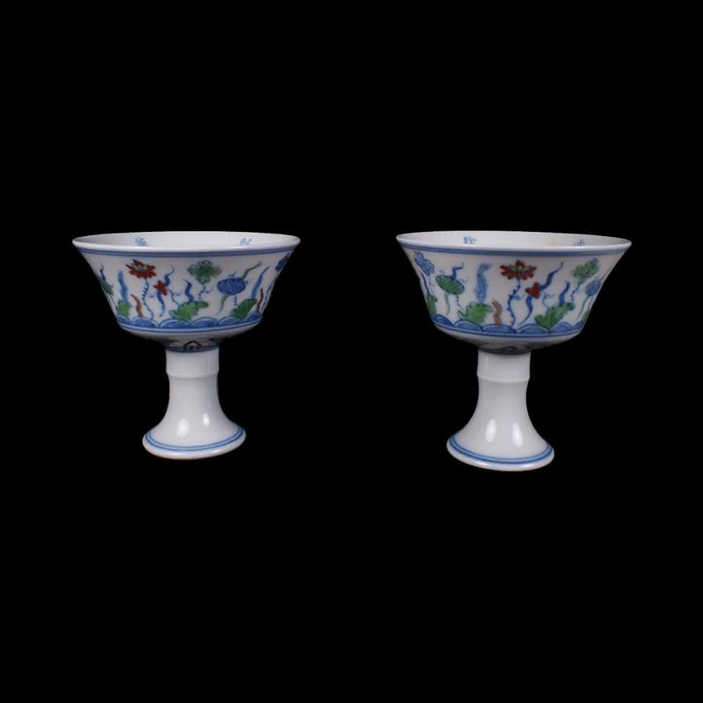 《博古珍藏》明成化 鬥彩斗彩海藻紋高足杯一對 紅胎 早期收藏 老件茶具瓷器 博物館級文物