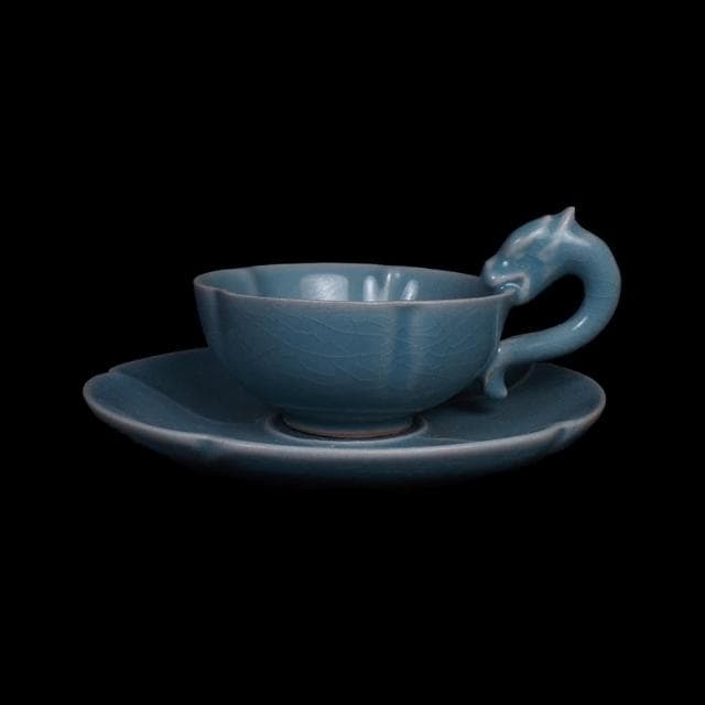 《博古珍藏》宋 汝窯天青釉獸耳盞托 早期收藏 老件茶杯瓷器 博物館級文物