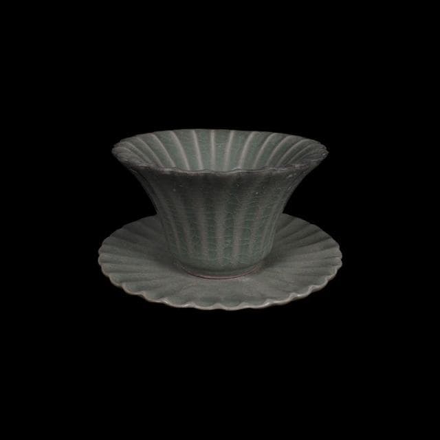 《博古珍藏》宋 汝窯青瓷菊花口盞托 早期收藏 老件茶杯瓷器 博物館級文物