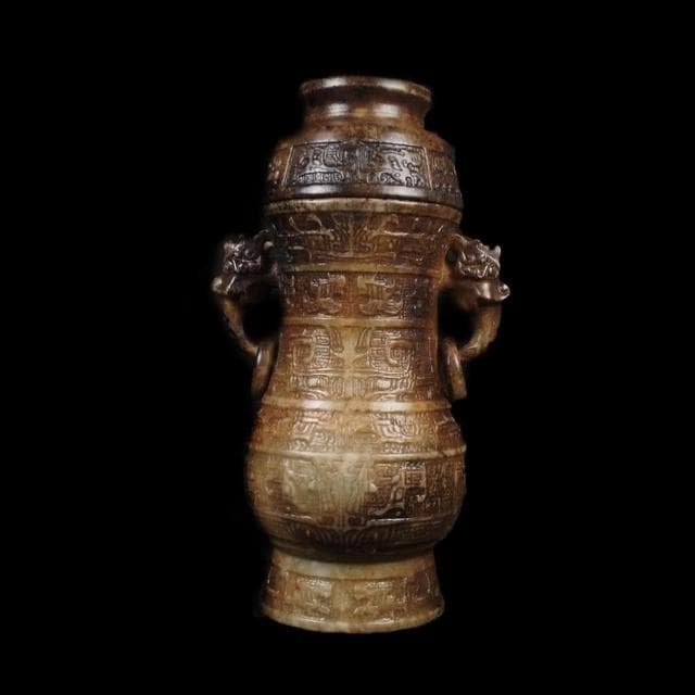 《博古珍藏》漢 天然青黃玉雕雙獸活環耳玉瓶擺件 2.26公斤 老件文物 早期收藏