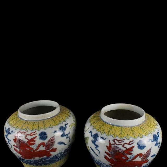 《博古珍藏》明成化 天字款 鬥彩斗彩波濤飛象蓋罐一對 早期收藏 老件茶葉罐瓷器