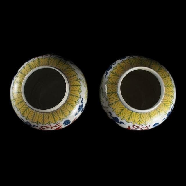 《博古珍藏》明成化 天字款 鬥彩斗彩波濤飛象蓋罐一對 早期收藏 老件茶葉罐瓷器