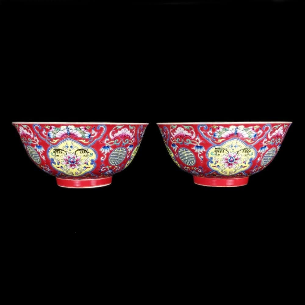 《博古珍藏》清雍正 紅釉粉彩花卉紋碗一對 宮廷珍藏 老件文物瓷器
