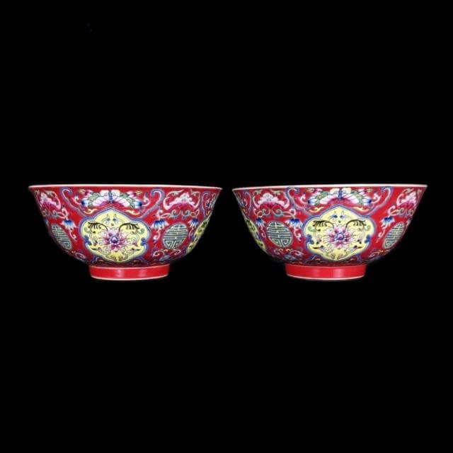 《博古珍藏》清雍正 紅釉粉彩花卉紋碗一對 宮廷珍藏 老件文物瓷器