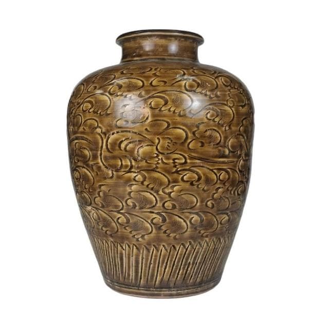 《博古珍藏》宋 吉州窯黃釉刻花卉紋梅瓶 花瓶瓷器 早期收藏