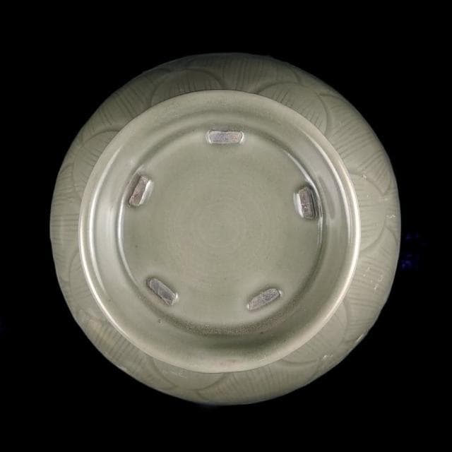 《博古珍藏》五代 越窯秘色瓷刻蓮花紋雙系瓶 早期收藏 花瓶瓷器