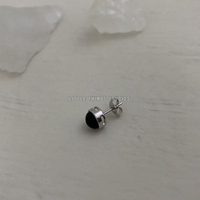 黑曜石礦石耳環 耳釘 圓形 黑色 通體純銀 S925 黑瑪瑙