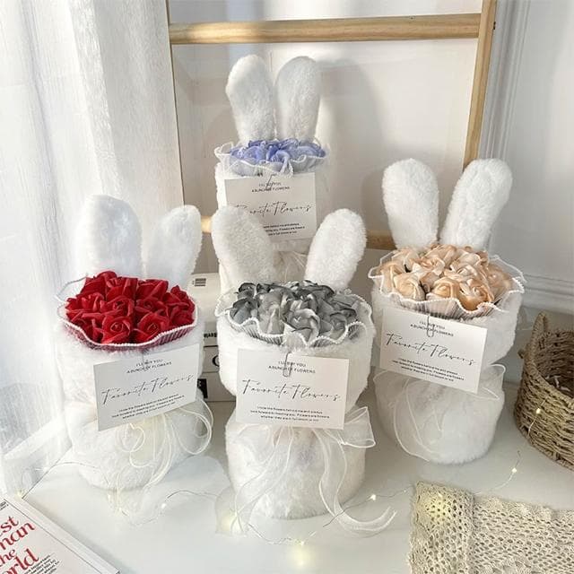 【Warm House Decor 暖和家居】可愛兔耳永生花束 (11朵玫瑰香皂花 毛絨花束 玫瑰花束 告白 情人節 香皂花 七夕 告白禮物 花束)