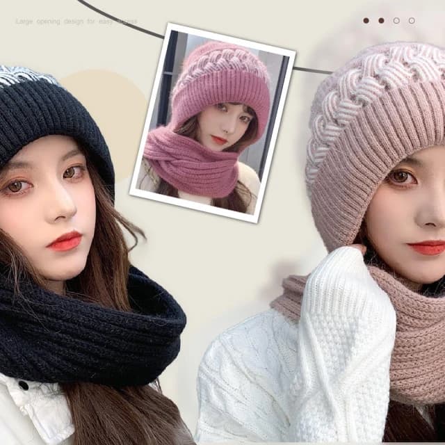 韓風 針織帽圍 二合一 毛線 毛帽 防寒帽子 圍巾 套裝 時尚女性 保暖 選擇