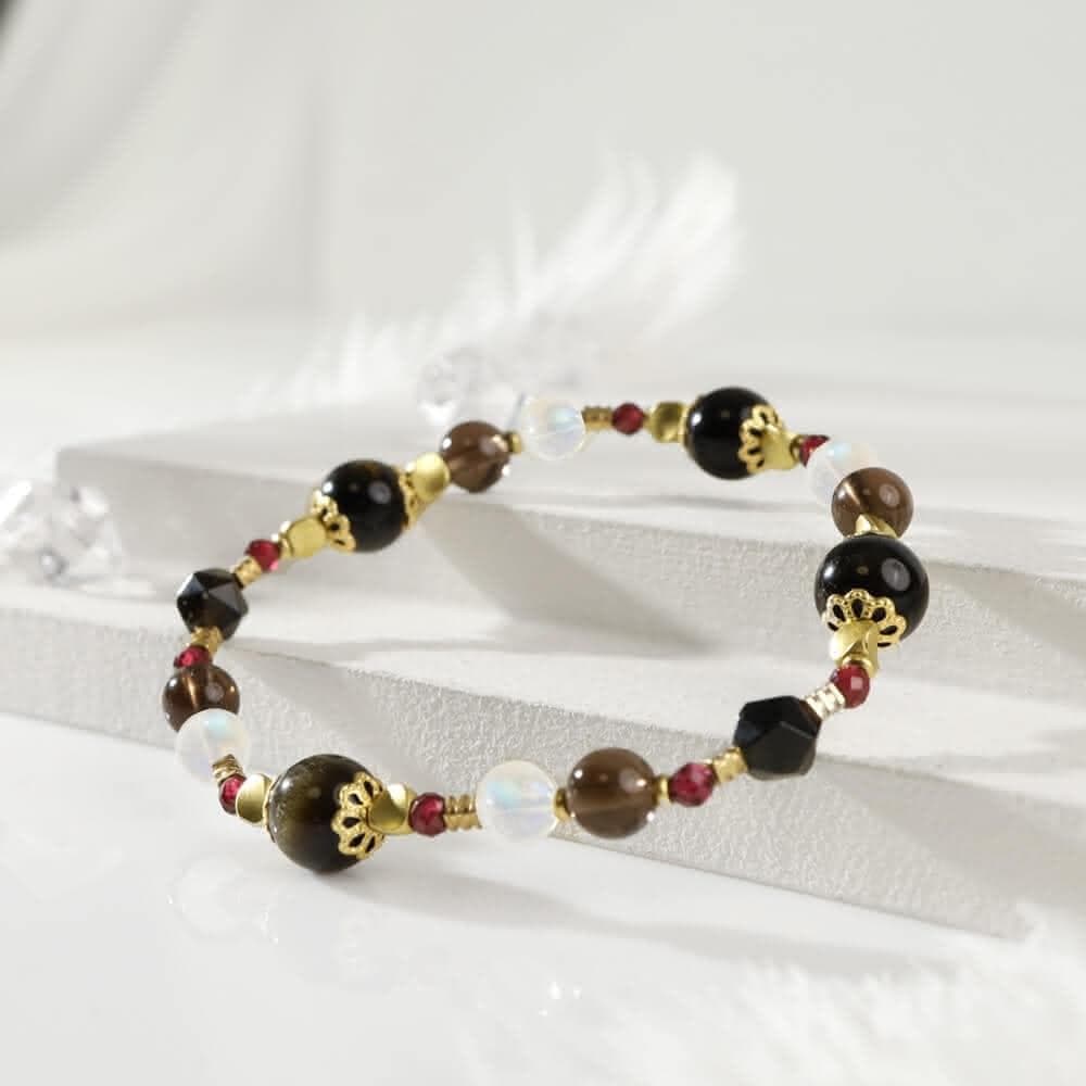 【月色真美】月色真美 輝夜姬-金運石黑曜石茶晶月光石手鍊(A113嚴選天然水晶 鑑定師把關)