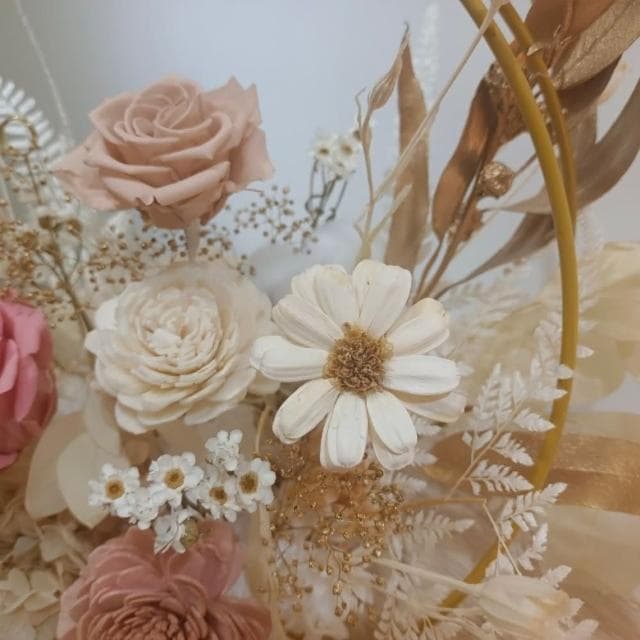 【KIRA與花花藝】圓形金框永生花花籃-粉色戀語(盆花 開幕 送禮  喬遷 生日禮物 情人節 母親節)