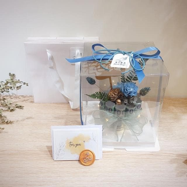 KIRA與花花藝｜索拉花有錢花迷你蛋糕-帥氣藍(/可放10張/父親節禮物/生日禮物/永生花/有錢花/父親節蛋糕)
