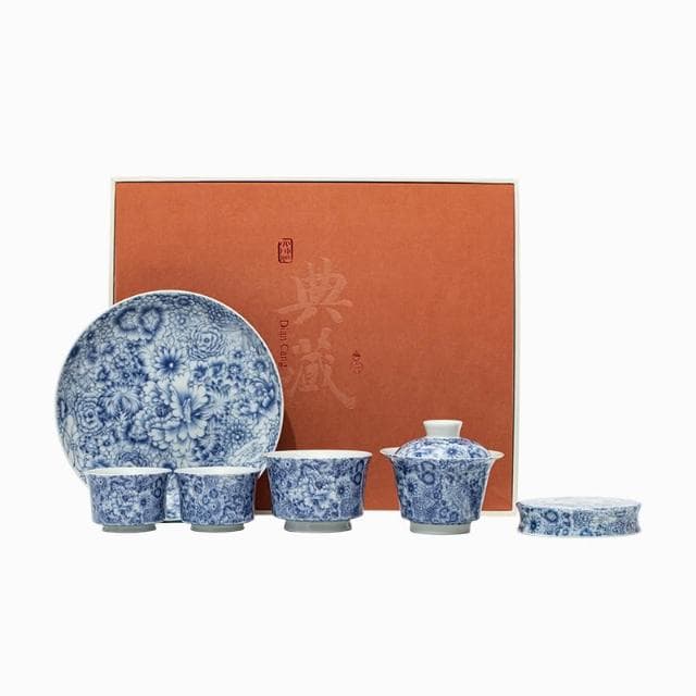 青花琺瑯彩蓋碗茶具套裝 一壺三杯帶託盤主人杯禮盒裝 公司禮品送禮